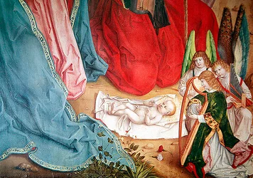 Detalhe da Adoração dos Pastores, painel da extrema esquerda do retábulo no altar-mor, 1480